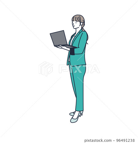一個女人單手拿著筆記本電腦的插圖素材 一個女人單手拿著筆記本電腦的插圖素材 96491238