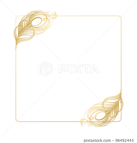 Delicate golden frame with peacock feathers on a light background. Wedding invitation, card, vector 96492443