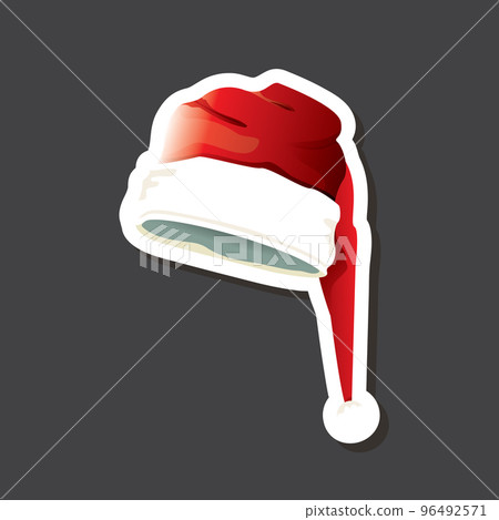 vector red funky Santa Claus hat sticker icon or label isolated on grey background. merry christmas design element for banners and geeting cards 96492571