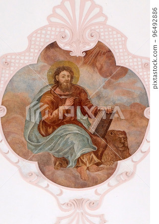 Saint Mark the Evangelist, fresco in the Church of Assumption of the Virgin Mary in Pokupsko, Croatia 96492886