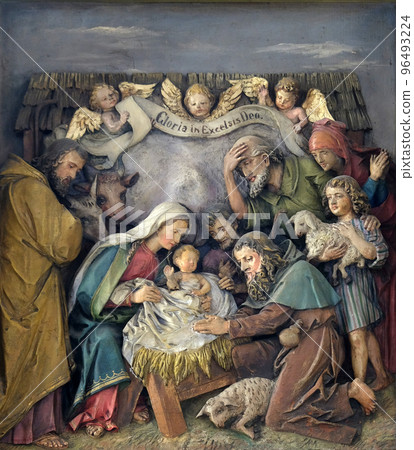 Birth of Jesus, Adoration of the Shepherds, relief in the church of Saint Martin in Zagreb, Croatia 96493224