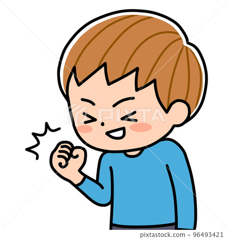 一個快樂的孩子在做一個勇敢的姿勢 96493421