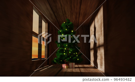 3D Rendering, Christmas tree and gift box in the home. 3D Rendering, Christmas tree and gift box in the home. 96493482