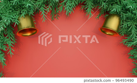 3D Rendering, Christmas card concept. The bell and wreath on the free space background. 3D Rendering, Christmas card concept. The bell and wreath on the free space background. 96493490