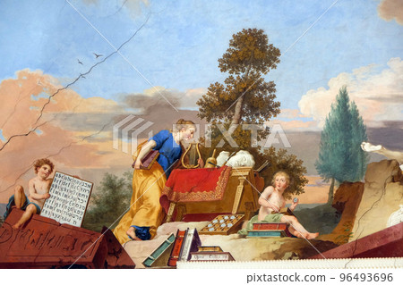 Fresco painting on the ceiling of the Library in Amorbach Benedictine abbey in Lower Franconia, Bavaria, Germany 96493696