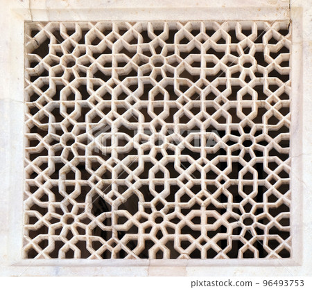 Beautiful stone carvings on the wall in Fatehpur Sikri complex, Uttar Pradesh, India 96493753