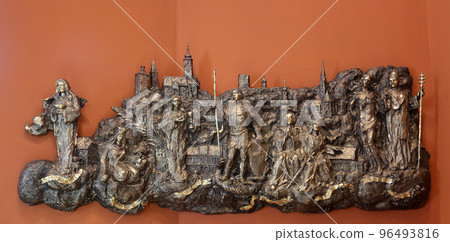 Bass relief with churches and patron saints of Gradec, the old part of Zagreb in Chapel of Saint Dismas in Zagreb, Croatia 96493816