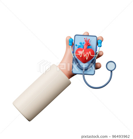 3d rendering concept smart online healthcare and medical service. Doctor hand holding smartphone with stethoscope and heart on screen. 3d rendering concept smart online healthcare and medical service. Doctor hand holding smartphone with stethoscope and heart on screen. 96493962