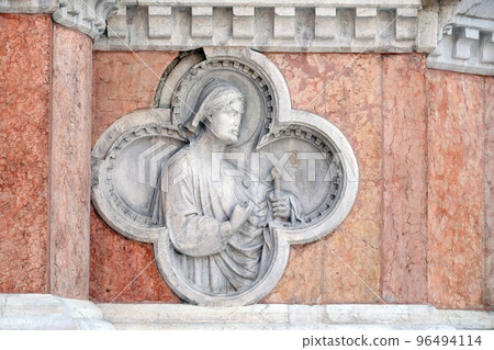 Saint Florian by Paolo di Bonaiuto relief on facade of the San Petronio Basilica in Bologna, Italy 96494114