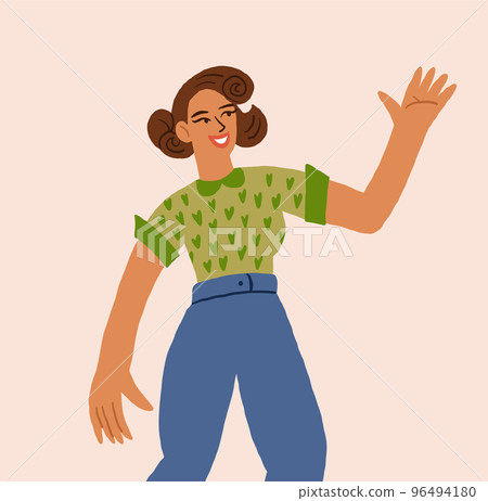 Vector illustration of happy smiling woman with vintage haircut wearing jeans, smiling woman in casual clothing greeting someone. Vector illustration Vector illustration of happy smiling woman with vintage haircut wearing jeans, smiling woman in casual clothing greeting someone. Vector illustration 96494180