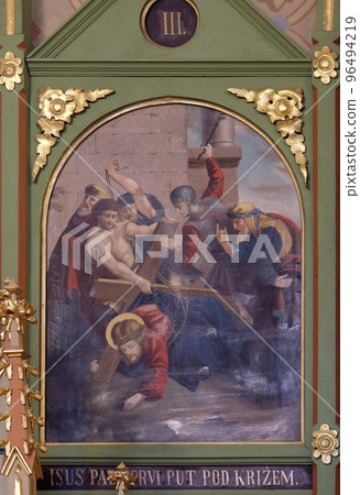 3rd Stations of the Cross, Jesus falls the first time, church of Saint Matthew in Stitar, Croatia 3rd Stations of the Cross, Jesus falls the first time, church of Saint Matthew in Stitar, Croatia 96494219