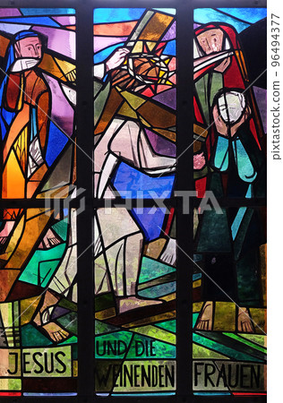 8th Stations of the Cross, Jesus meets the daughters of Jerusalem, stained glass window in Saint Lawrence church in Kleinostheim, Germany 8th Stations of the Cross, Jesus meets the daughters of Jerusalem, stained glass window in Saint Lawrence church in Kleinostheim, Germany 96494377