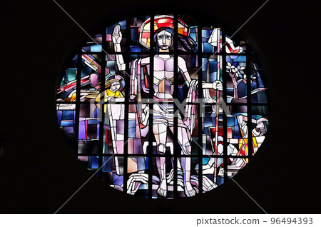 Saint Lawrence of Rome stained glass window in the Saint Lawrence church in Kleinostheim, Germany Saint Lawrence of Rome stained glass window in the Saint Lawrence church in Kleinostheim, Germany 96494393