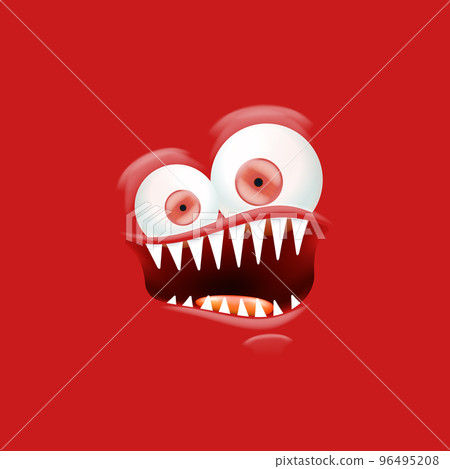 Vector funny angry red christmas monster face with open mouth with fangs and evil eyes isolated on red background. Christmas cute and angry monster design template for poster, banner and tee print Vector funny angry red christmas monster face with open mouth with fangs and evil eyes isolated on red background. Christmas cute and angry monster design template for poster, banner and tee print 96495208