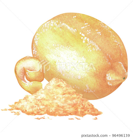 Lemon with a bunch of grated zest. Watercolor illustration. Isolated on a white background. For your design stickers, nature prints, product packaging with citrus acid or scent 96496139