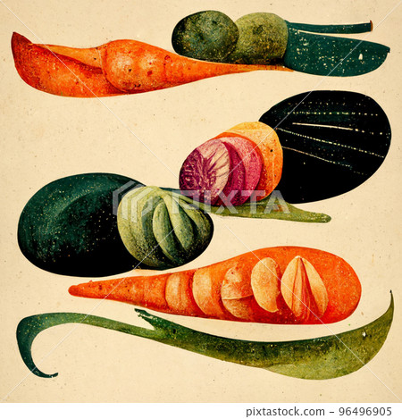 Abstract contemporary modern art. Minimalist retro illustration with vegetables and fruits. Abstract contemporary modern art. Minimalist retro illustration with vegetables and fruits. 96496905