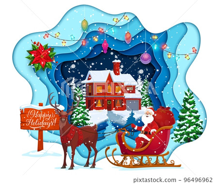 Christmas paper cut cartoon winter house, santa on sleigh and holiday decorations. Vector 3d papercut layered greeting card with funny Father noel sitting in deer sled front of cottage at xmas eve Christmas paper cut cartoon winter house, santa on sleigh and holiday decorations. Vector 3d papercut layered greeting card with funny Father noel sitting in deer sled front of cottage at xmas eve 96496962