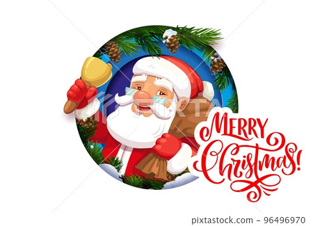 Christmas paper cut greeting card and cartoon santa with bell. Vector double exposition 3d holiday design with Father Noel carry gift sack and pine tree branches with cones in round papercut frame Christmas paper cut greeting card and cartoon santa with bell. Vector double exposition 3d holiday design with Father Noel carry gift sack and pine tree branches with cones in round papercut frame 96496970