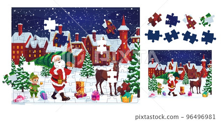 Christmas santa with pine holiday tree. Jigsaw puzzle game pieces. Vector Logic worksheet find detail that fell out of xmas picture. Quiz page for kid, brain teaser task for developing attentiveness Christmas santa with pine holiday tree. Jigsaw puzzle game pieces. Vector Logic worksheet find detail that fell out of xmas picture. Quiz page for kid, brain teaser task for developing attentiveness 96496981