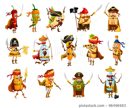 Tex mex mexican food pirates and corsairs funny characters. Vector jalapeno, tacos, nachos and burrito, tamale, pulque, tequila, avocado and churro with chimichanga or mezcal filibuster personages Tex mex mexican food pirates and corsairs funny characters. Vector jalapeno, tacos, nachos and burrito, tamale, pulque, tequila, avocado and churro with chimichanga or mezcal filibuster personages 96496983
