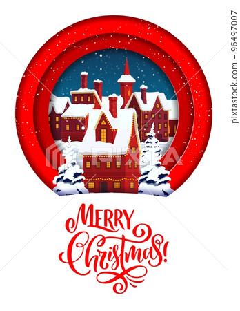 Christmas paper cut greeting card with snowy winter town landscape. Vector cityscape view with houses, snowfall and pines at holiday eve. Double exposition 3d round frame cartoon night city cottages 96497007