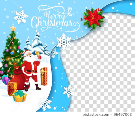 Christmas paper cut cartoon santa with bell near pine tree on snowflake background. Vector template with funny noel in winter forest landscape with gifts at decorated spruce in holiday wood 3d effect 96497008