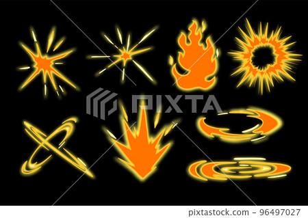 Game effect set, vector comic explosion, cartoon war clash, 2D speed trace, yellow stars rays Game effect set, vector comic explosion, cartoon war clash, 2D speed trace, yellow stars rays 96497027