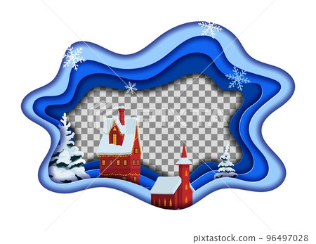 Christmas paper cut frame of vector winter holiday city. Xmas street with festive decorated house and church, snowy pine trees and snowflakes 3d layered paper cut wavy frame borders, Merry Christmas 96497028