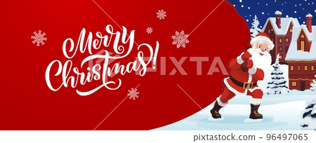 Christmas Santa with gifts bag in small winter town, vector winter holiday background. Merry Christmas greeting card with Santa and gifts bag, snowflakes and snow in winter town with Xmas trees Christmas Santa with gifts bag in small winter town, vector winter holiday background. Merry Christmas greeting card with Santa and gifts bag, snowflakes and snow in winter town with Xmas trees 96497065