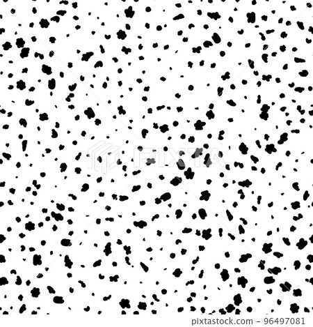 Dalmatian seamless pattern background, white and black dog spots splash, vector tile. Dalmatian freckles pattern with texture, dots splatter or ink brush drops and stains background 96497081