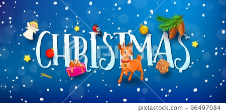 Christmas 3d banner with cartoon deer, lettering and decorations. Xmas holiday vector card with angel, bullfinch, snowflakes, gingerbread house. Baubles, pine cones on branch, gift box and stars 96497084
