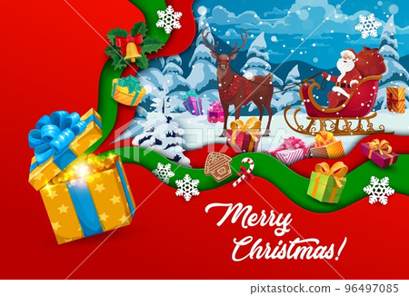 Christmas paper cut gifts, snowflakes and cartoon santa on sleigh. Vector holiday xmas papercut art with 3d layers, cheerful father noel riding reindeer sled at night forest landscape with snowfall 96497085