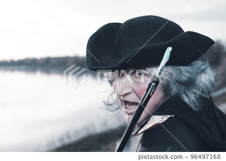 portrait armed dark evil character holding weapon outdoors cloudy evil concept portrait armed dark evil character holding weapon outdoors cloudy evil concept 96497168