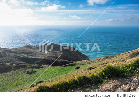 Beautiful views of nature on way to Durdle door in Lulworth, Dorset, United Kingdom. Part of Jurassic Coast World Heritage Site, view of stone formations and sea, selective focus 96497286