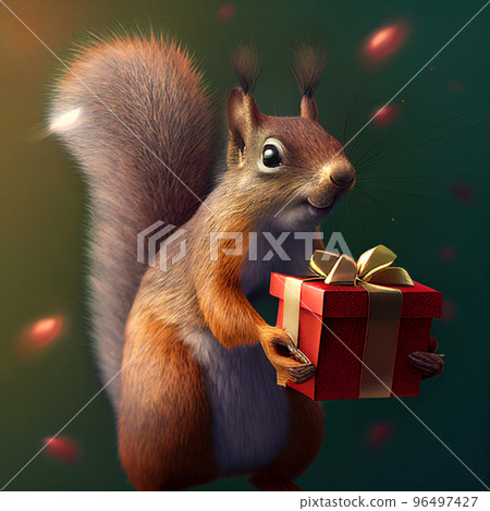 Birthday gift. Squirrel holding a christmas gift. Squirrel with a birthday present. Christmas present 96497427