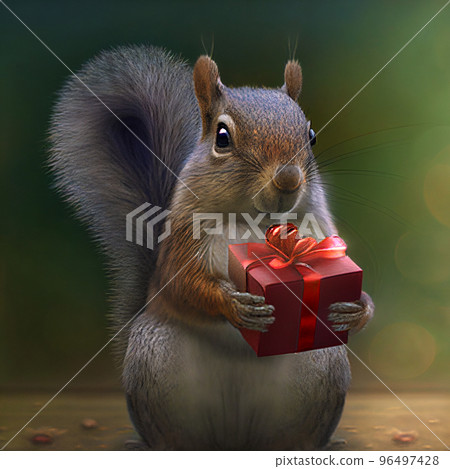 Birthday gift. Squirrel holding a christmas gift. Squirrel with a birthday present. Christmas present 96497428
