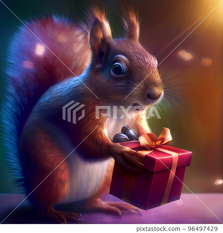 Birthday gift. Squirrel holding a christmas gift. Squirrel with a birthday present. Christmas present 96497429