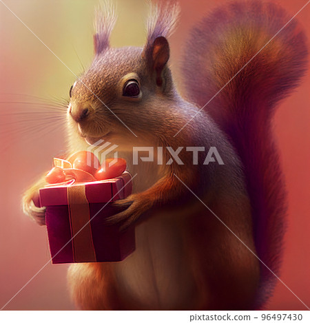 Birthday gift. Squirrel holding a christmas gift. Squirrel with a birthday present. Christmas present 96497430