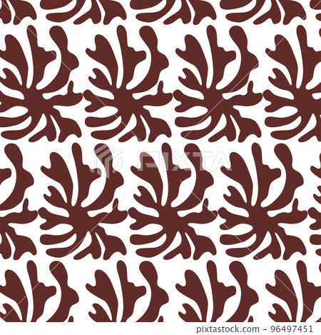 Brown floral Matisse seamless pattern with abstract geometric leaves. Floral abstract art print, nature repeat background in Henri Matisse style botanical surface design. Vector illustration. Brown floral Matisse seamless pattern with abstract geometric leaves. Floral abstract art print, nature repeat background in Henri Matisse style botanical surface design. Vector illustration. 96497451