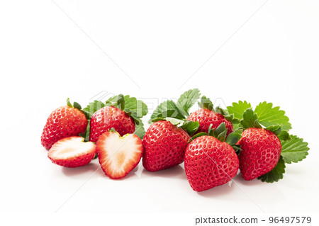 Strawberries with leaves on a white background 96497579