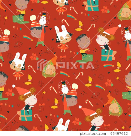 Seamless Pattern with Happy Children wearing Carnival Costumes celebrating Christmas 96497612