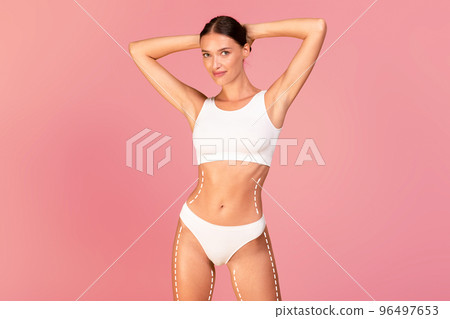 Young Beautiful Lady In Underwear With Dashed Lines On Her Body Young Beautiful Lady In Underwear With Dashed Lines On Her Body 96497653