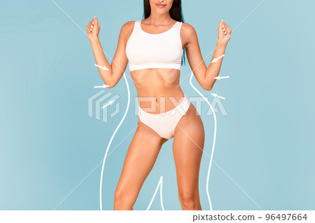 Young female in underwear with silhouette outlines around her perfect body, collage Young female in underwear with silhouette outlines around her perfect body, collage 96497664