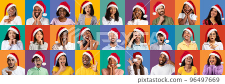 Mosaic With Happy Multiethnic People In Santa Hats Posing Over Bright Backgrounds 96497669