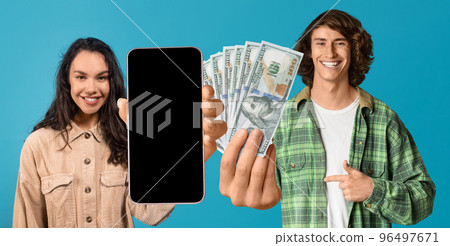 Millennial couple recommending nice trading mobile app, mockup, collage Millennial couple recommending nice trading mobile app, mockup, collage 96497671