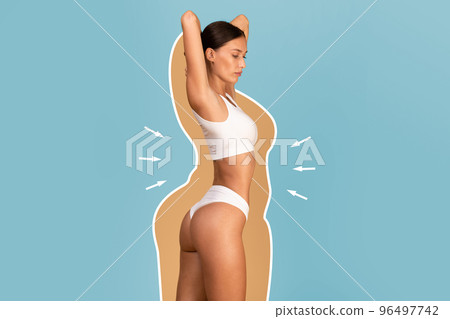 Weightloss Concept. Fit Lady In Underwear With Drawn Silhouette Around Her Body 96497742