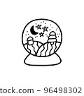 Magic christmas glass ball doodle isolated. Christmas decoration element, crystal snow globe with house, stars, tree. Black lines on white background. Cute hand drawn vector illustration. 96498302