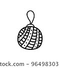 Christmas ball doodle isolated. Christmas tree decoration element, christmas ball with stripes and polka dots. Black lines on white background. Cute hand drawn vector illustration. 96498303