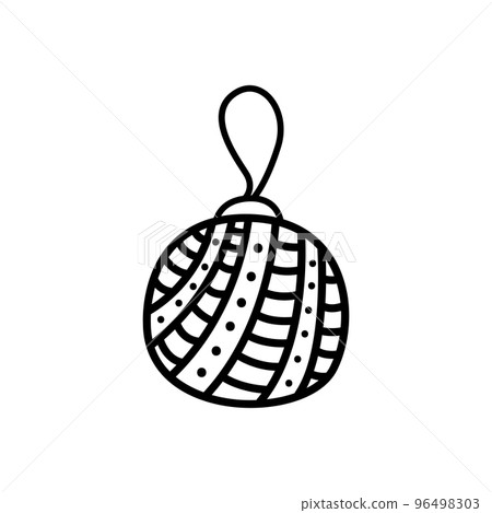 Christmas ball doodle isolated. Christmas tree decoration element, christmas ball with stripes and polka dots. Black lines on white background. Cute hand drawn vector illustration. 96498303