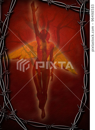 Beautiful angel in barbed wire frame Beautiful angel in barbed wire frame 96498583